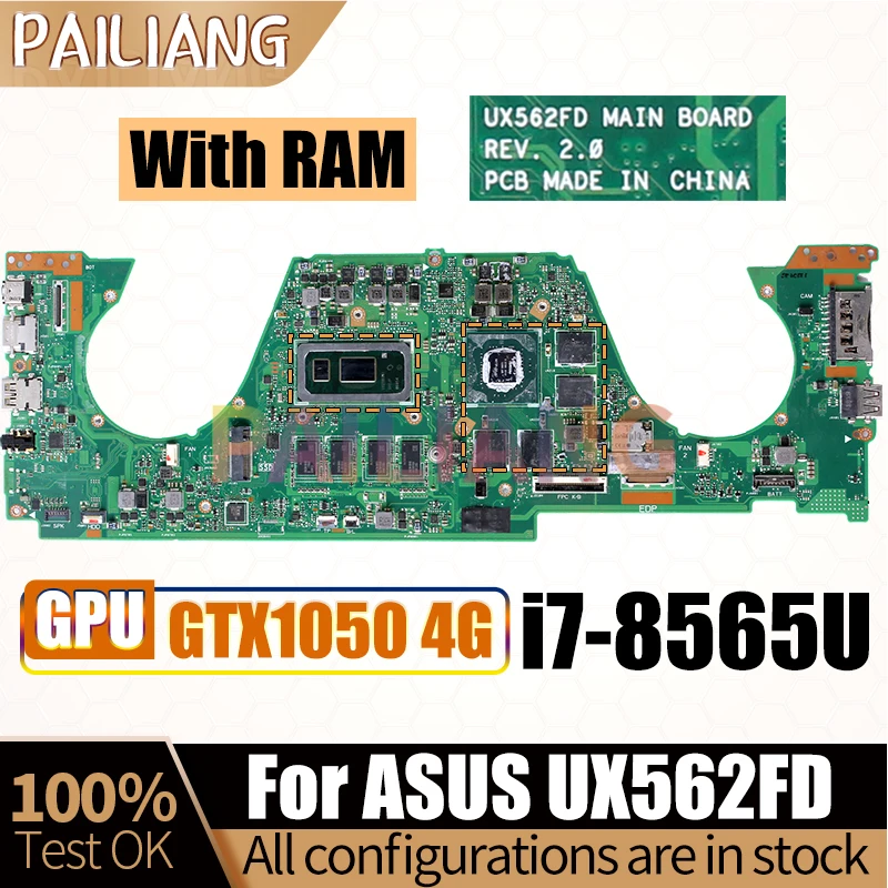 REV.2.0 For ASUS UX562FD MAIN BOARD SREJP i7-8565U GTX1050 4G N17P-G0-A1 With RAM Notebook Mainboard  Full Test