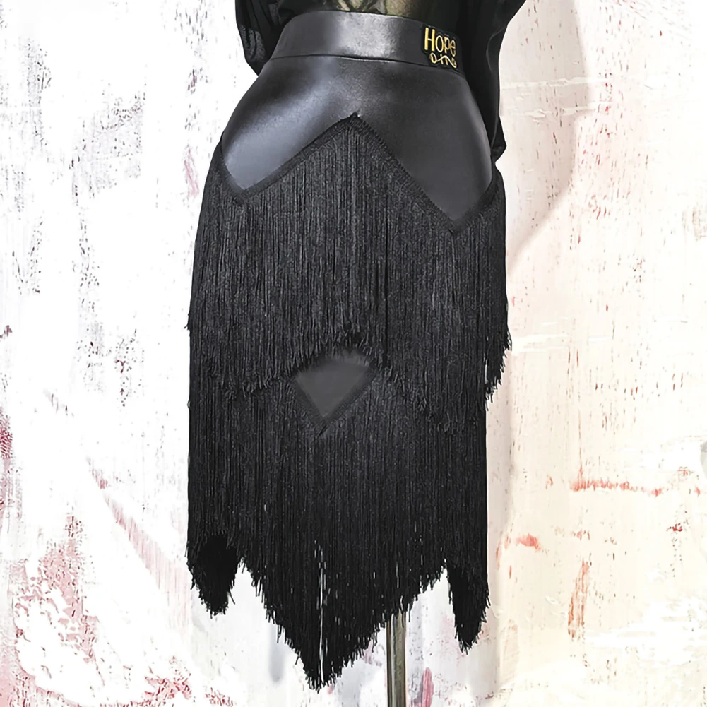 تنورة تانجو فستان قاعة الرقص النسائية الجديدة من الجلد الصناعي، تنورة سامبا سوداء اللاتينية لأداء الفريق، تنورة شرابة