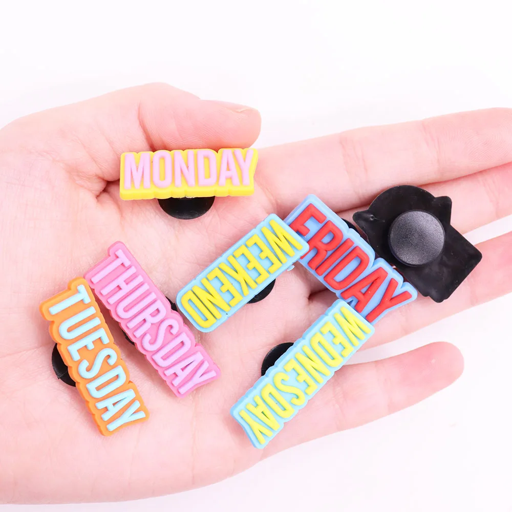 50Pcs PVC Shoe Charms English Slogans Monday Weekend Garden Shoes Accessories Shoe Buckle Decorations Fit Bracelets Hot Gift