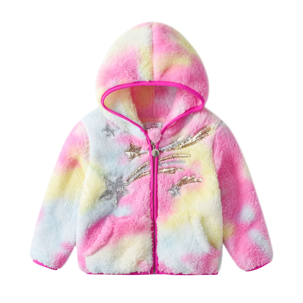 DXTON Winter Girls Coat Warm Polar Fleece Toddlers Hooded Coat Sequin Applique Cardigan Zipper Children Casual Girls Outerwear