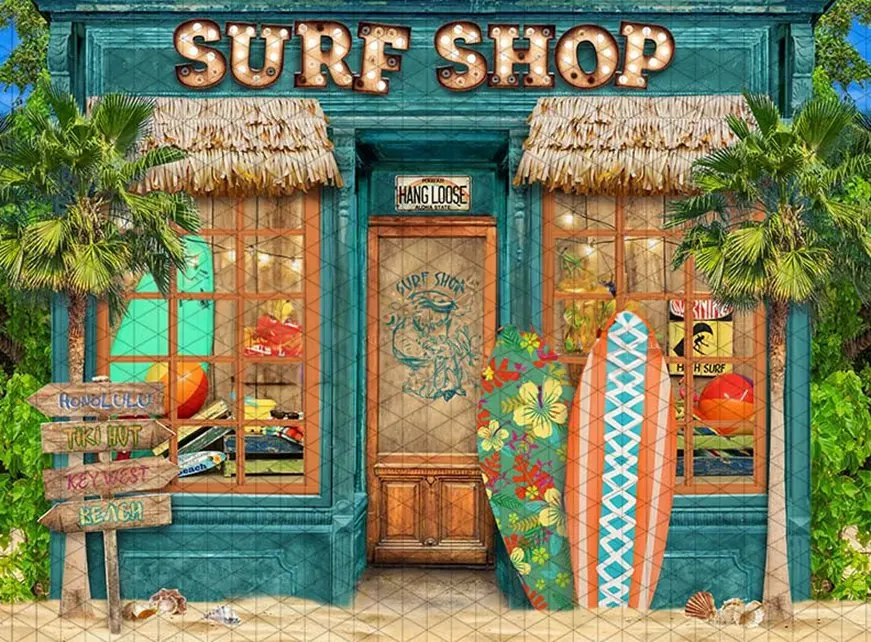 

Hawaiian summer Surf Shop surfboard Door Tree beach backdrops computer print party supplies Photography Studio Backgrounds