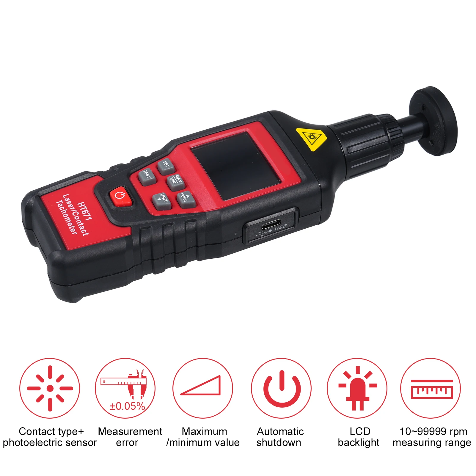 مقياس سرعة الدوران الرقمي 2 في 1 مقياس سرعة الدوران الاستشعار الكهروضوئي مقياس سرعة الدوران تسجيل القيم القصوى تلقائيا مع شاشة LCD #3