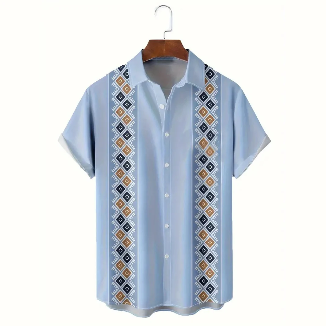 Chemise à manches courtes à imprimé graphique ethnique pour hommes, haut décontracté, chemise hawaïenne à revers, vêtements respirants pour hommes, chemisier de rue, mode estivale