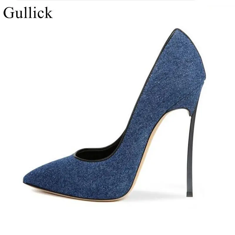 

2025 New Women Dark Blue Denim Pumps Pointed Toe Slip On Fashion Pumps Shallow Summer Metal Thin High Heel Dress Shoes