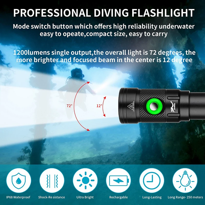 HISWN D180 XPL HI LED flashlight, diving torch 1200 lumen ultra bright IPX8 waterproof rechargeable tactical flashlight