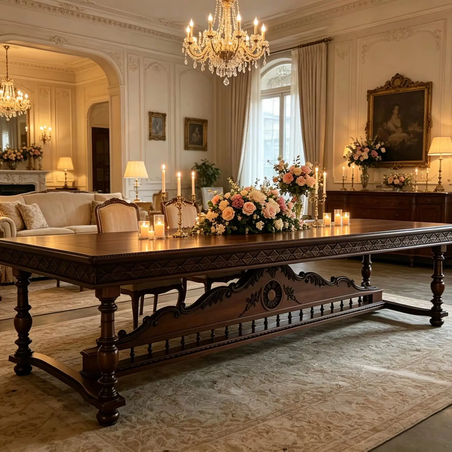French American solid wood carving flower dining table villa rectangular large dining table