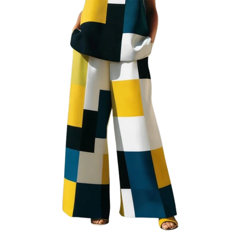 Yeezzi 2026 New Summer Geometric Color Block Wide Leg Pants Women High Waisted Loose Contrast Color Pockets Chic Casual Trousers view 5