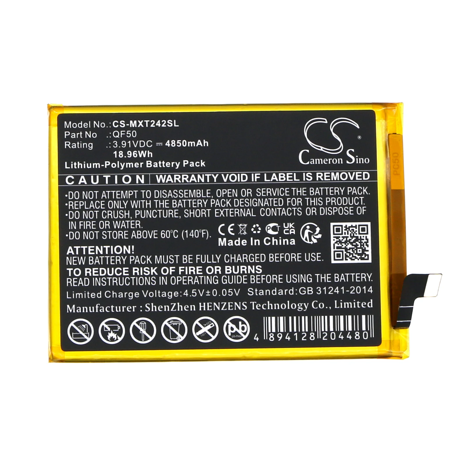 

4850mAh 3.91V 18.96Wh Mobile, SmartPhone Li-Polymer Battery for Motorola QF50 SB18D96852 Moto G04 XT2421