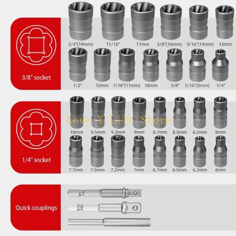 L74C Full 32 Tool Bolt Extractors Set 6mm 19mm Ranges Impact Driver Compatible Professional Grades
