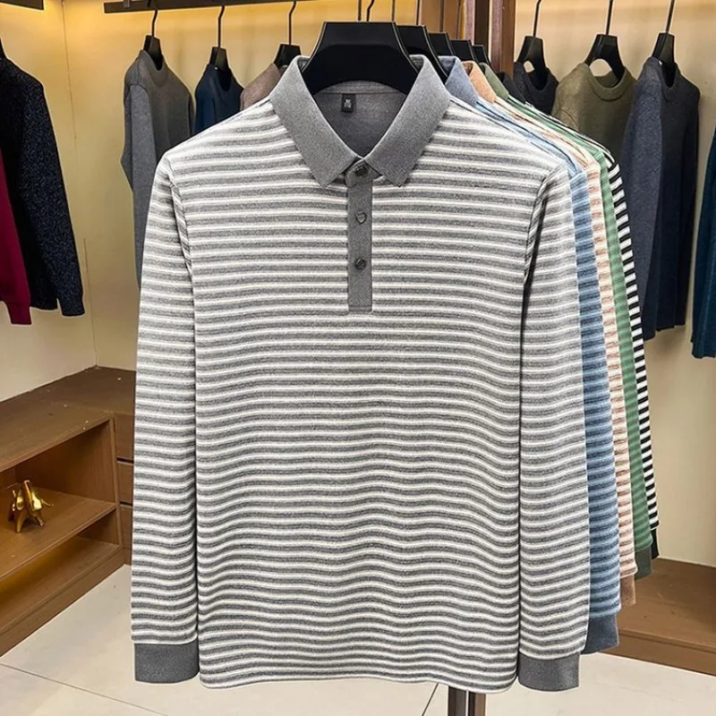 Men Striped Lapel Polo Shirt Wool Silk Blend Thick Long Sleeve Casual Autumn Winter Tops