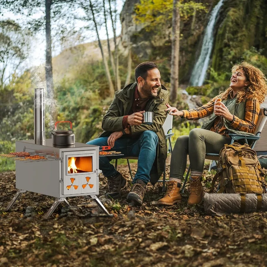 موقد حرق الخشب المحمول المصنوع من الفولاذ المقاوم للصدأ للتخييم في الخيمة: حل تسخين وطهي بسعة كبيرة مع 7 أنابيب مدخنة #2