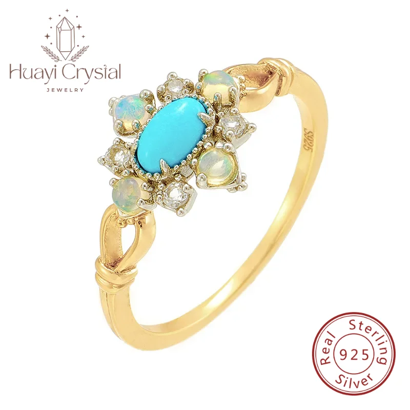 Exquisite retro anemone rhombus natural turquoise opal ring S925 silver jewelry