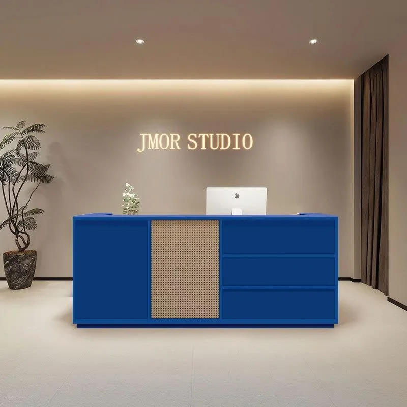 for Medieval Style French Retro Cream Reception Desk for Korean Clothing Store Bar Counter Rattan Front Desk Checkout Page