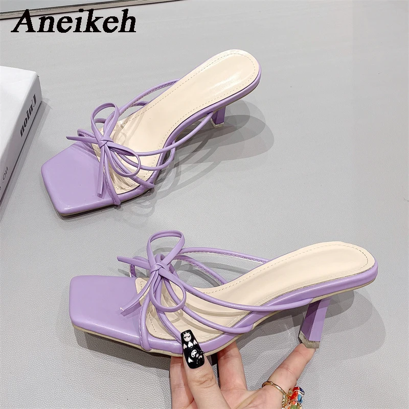 Aneikeh Women Bowtie Square Head Mid Heel Slippers 2024 Summer  PU Open Toe Outdoor Non Slip Casual Shoes Size 35-39