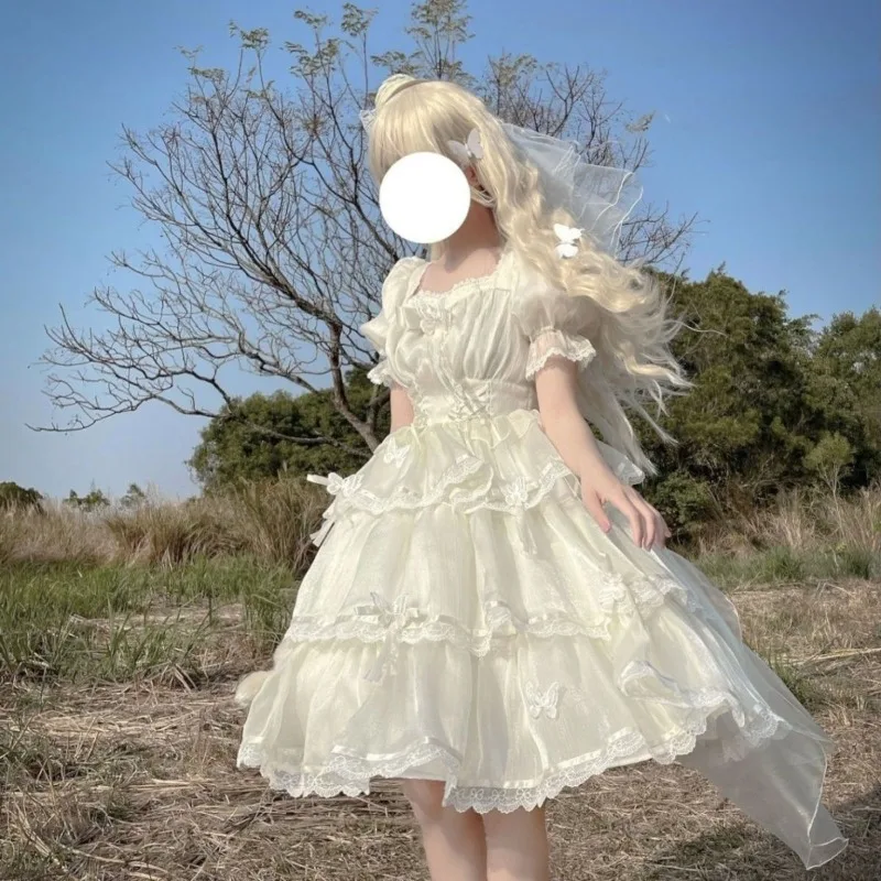 

2026 New Lolita Summer Short Sleeve Solid Color Cute Dress StreetWear Cute Sweet Bow Square Neck A-line High Waist Fairy Dresses