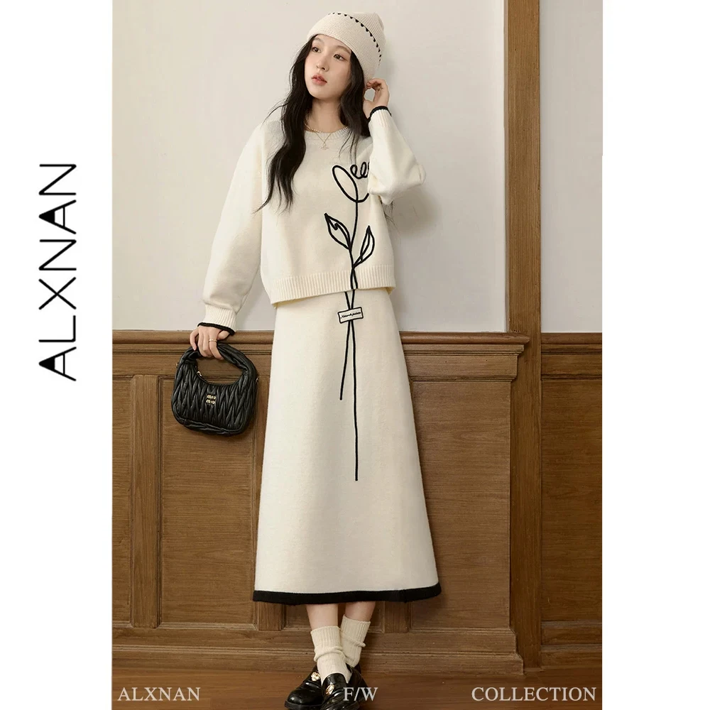 ALXNAN Women's Apricot Midi Skirt Fashion 2026 Autumn Winter Elegant 3D Tulip Embroidery Elastic Waist Knit Skirt L50912BSQ