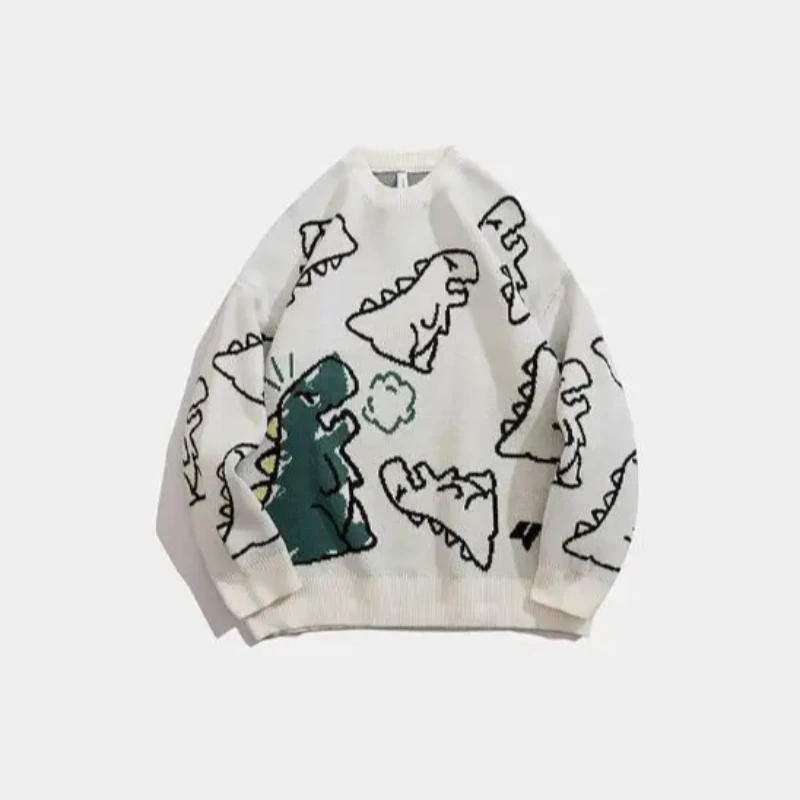 

Fashion Loose Dinosaur Cartoon Knitted Pattern Winter High Street Sweater Cozy Long Sleeve Pullover Casual Tops Man's Women's
