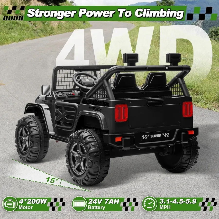 24V XL Ride on Car with Remote Control, 2 Seater 4WD/2WD Switchable Electric Car for Kids w/20 Inch Wide Seat, 4X200W Power Car