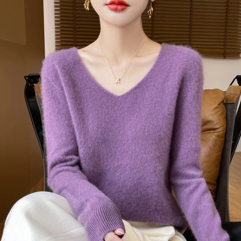 Autumn and winter new women\'s first-line ready-to-wear 100% pure wool V-neck solid color loose warm cashmere pullover top