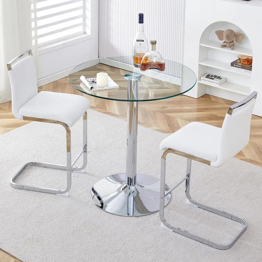 

2-Piece Round Counter Height Dining Set with 35 Glass Top and White Bar Stools on Silver Chrome Base