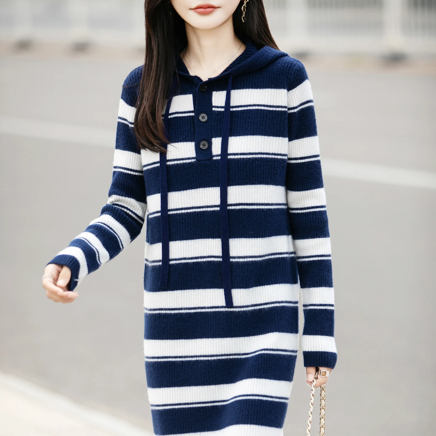 

100% Pure Wool Hooded Knit Dress Loose Long Sweater Skirt Thick Striped Wool Base Skirt