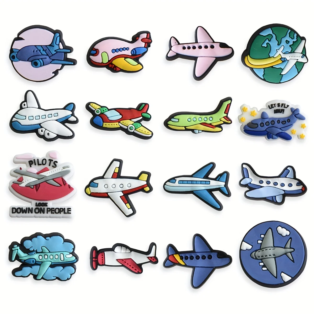 16PCS Cartoon Plane Shoe Charms for Clogs Bogg Bag Bubble Slides Sandals, PVC Shoe Decorations Accessories, EVA Beach