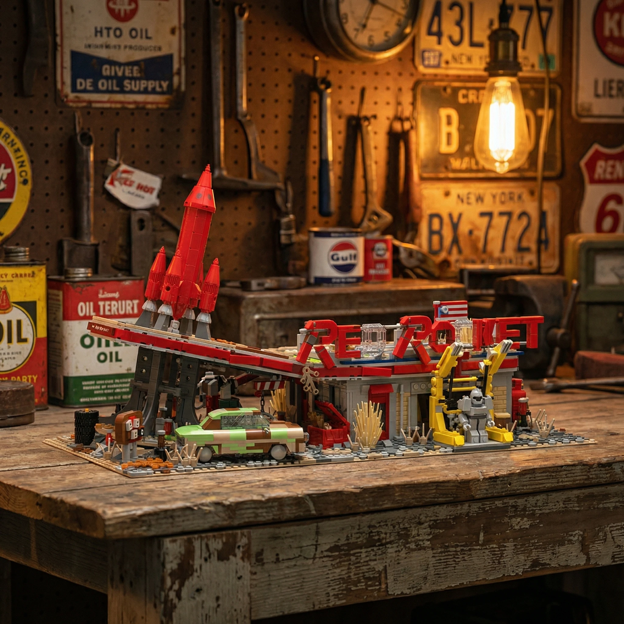 2447 Piezas, Bloques de Construcción del Restaurante Cohete Rojo, Modelo de Paisaje Postapocalíptico, con Luz, Juguete Arquitectónico DIY, Regalo para Adultos