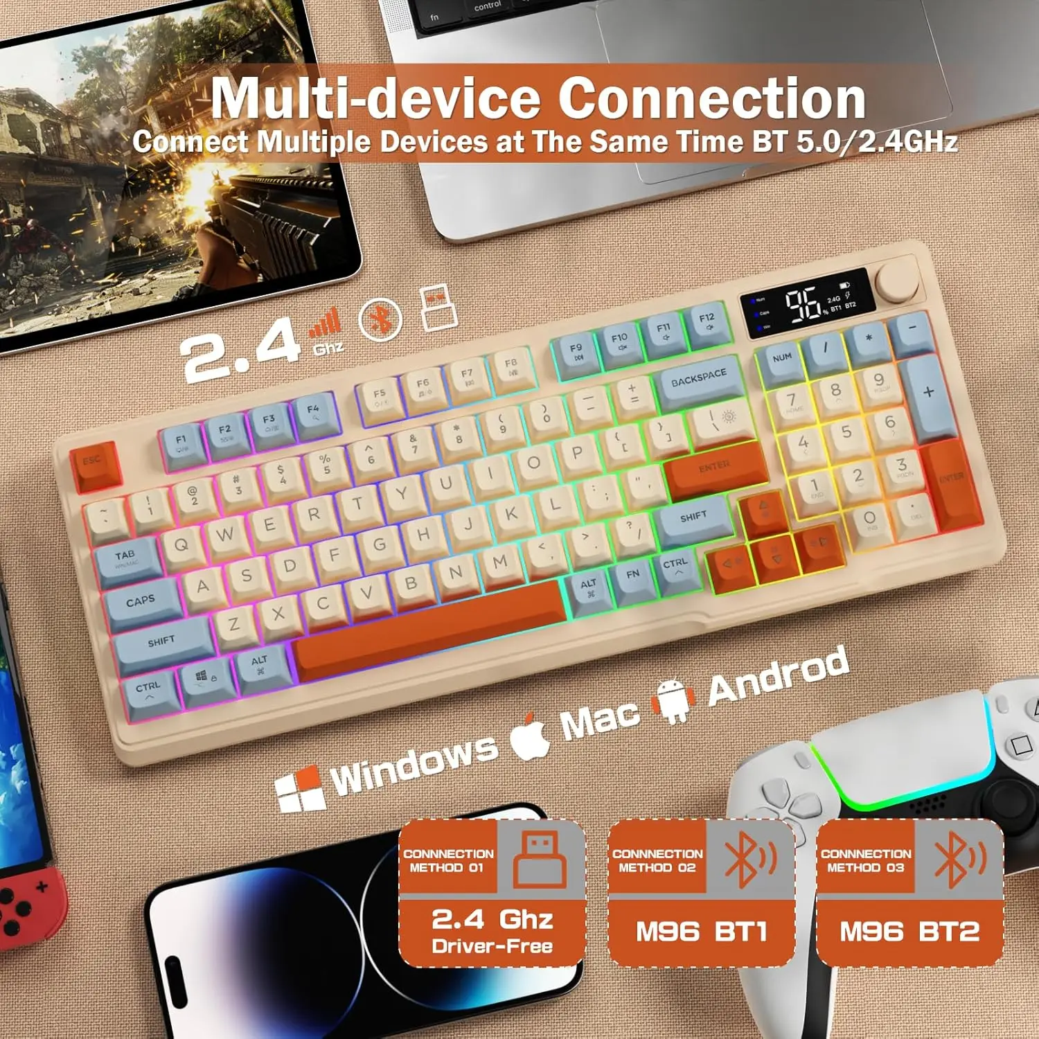 ZIYOU LANG M96 Wireless Gaming Silent Membrane Keyboard,Display Screen & Knob with Multimedia Keys Dual Mode Bluetooth/2.4Ghz,Ra