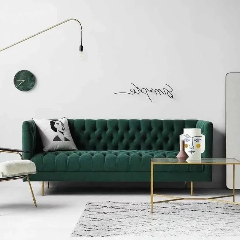 American living room fabric buckle soft bag three-person sofa furniture hotel lobby studio stainless steel sofa