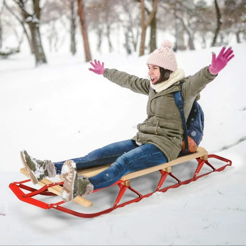 

Wooden Steel Runner Sled, 54'' Pull Steering Slider with Metal Runners and Steering Bar, Snow Sleigh Toboggan with Solid