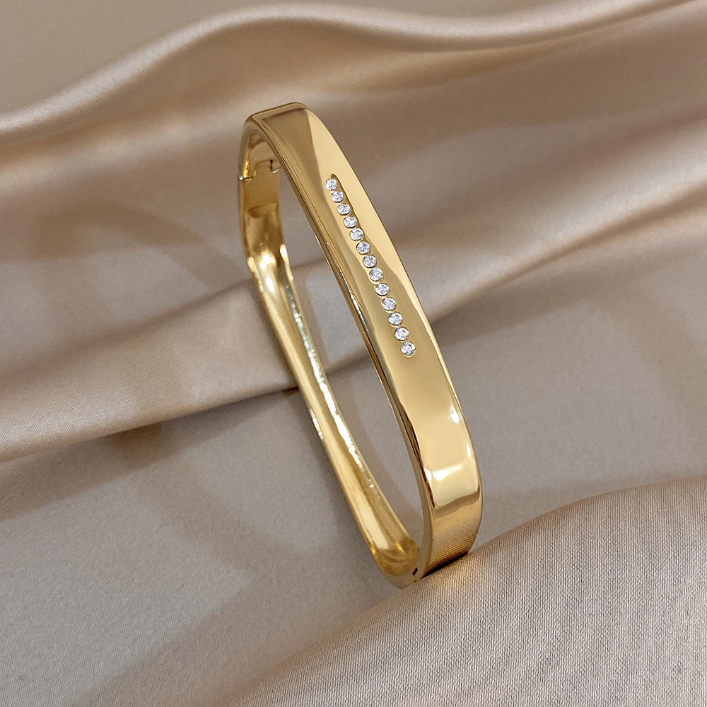 Minimalist Smooth Stainless Steel Bangle Bracelet Women Trendy Inlaid Zirconia Geometric Cuff Spring Bangle Waterproof Jewelry