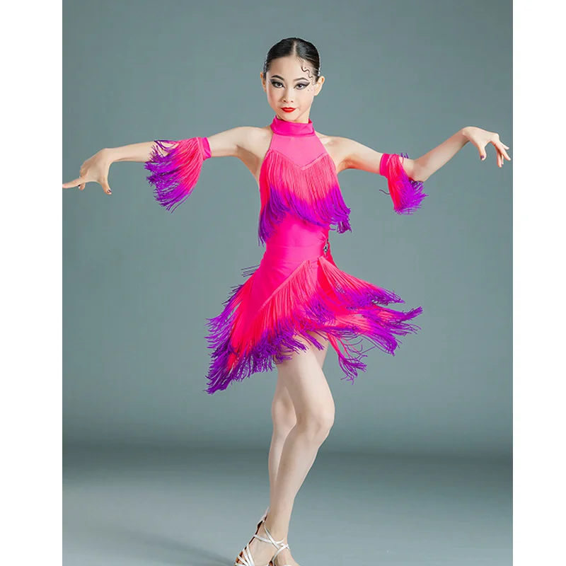 Children\'S Latin Dance Dress For Girls Latin Competition Costumes Sleeveless Gradual Fringed Dress Performance Outfits