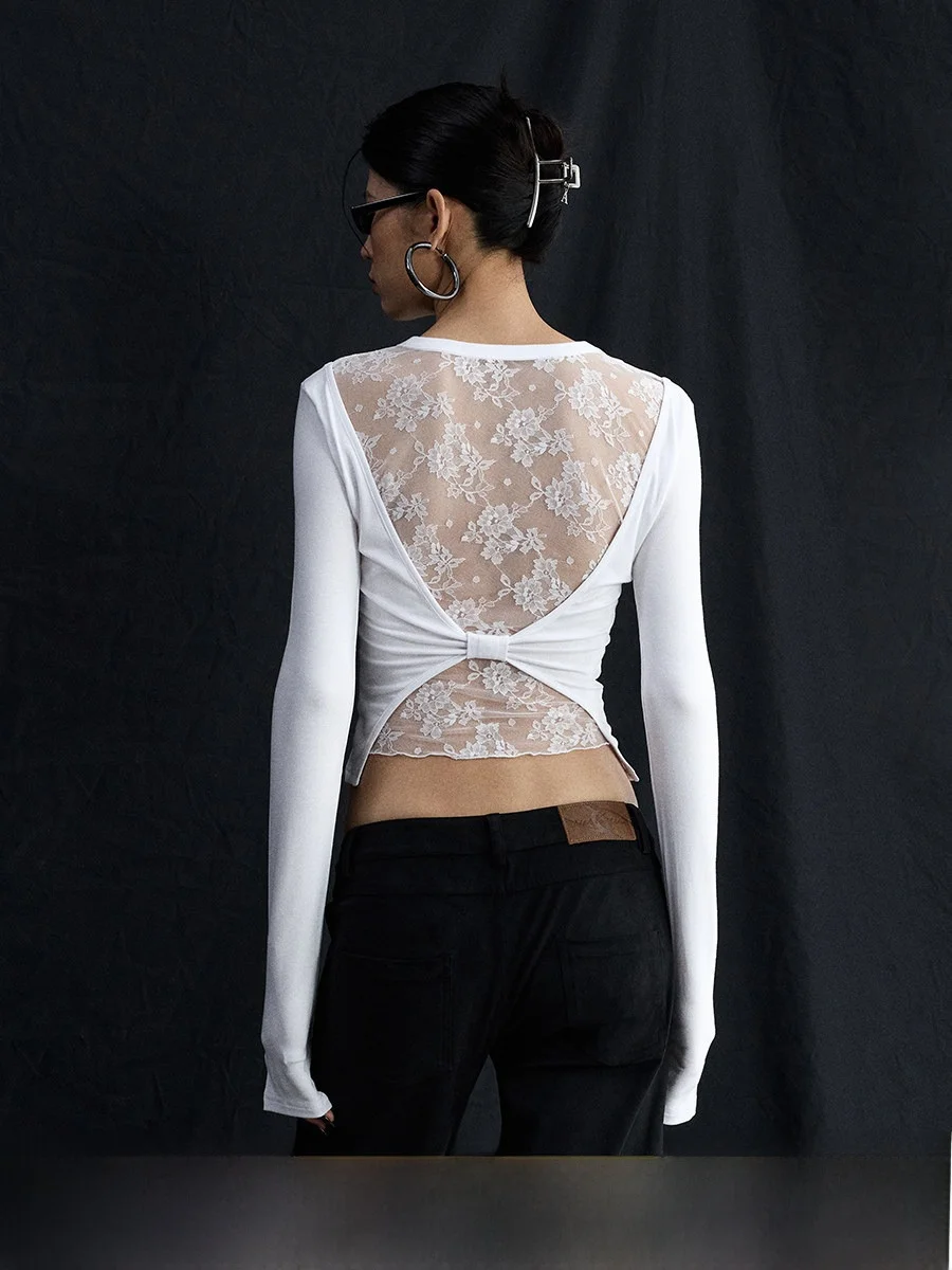 

Ourhour Lace Knot Bal Slim Fit Long Sve round Ne Top Women Winter Design Sense Base irt Casual Sle