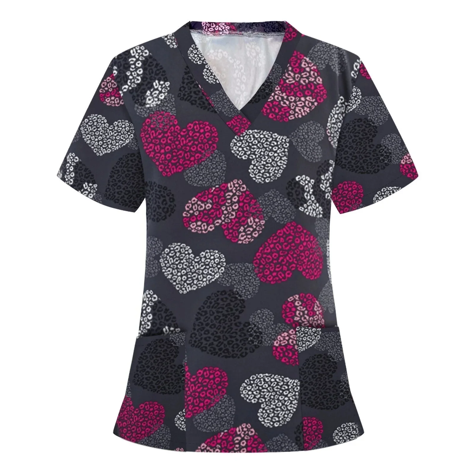 

Surgical Uniforms Woman Fashion Heart Print Versatile Health Care V-Neck Medico Casual Short Sleeve Patch Pocket Medical Clothes
