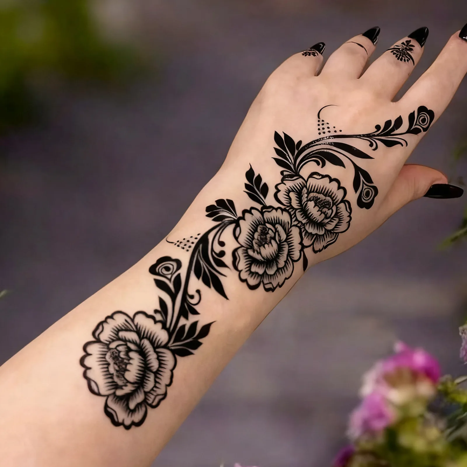 Hand-Painted Henna Temporary Tattoo Sticker, Black Floral Vine Design for Hand, Waterproof Party Body Art