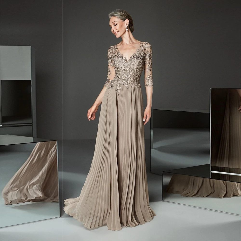 Liebsten Braun Chiffon Mutter der Braut Kleider Sommer Drei Viertel 2023 Spitze Bodenlangen Falten Hochzeit Kleider für Party