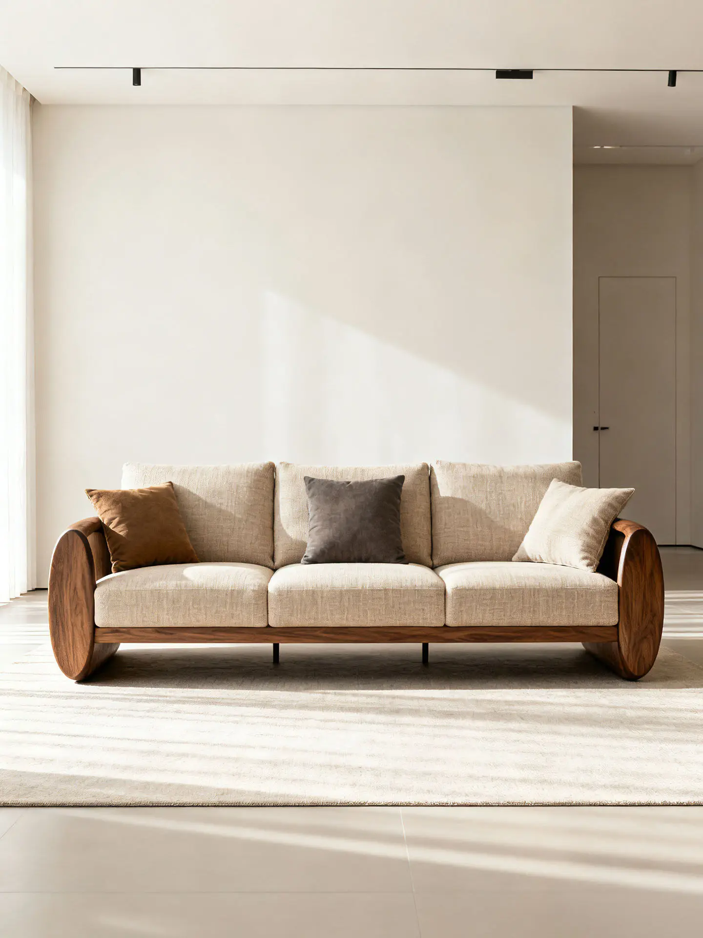 New Chinese black walnut straight row sofa three-person living room solid wood fabric sofa