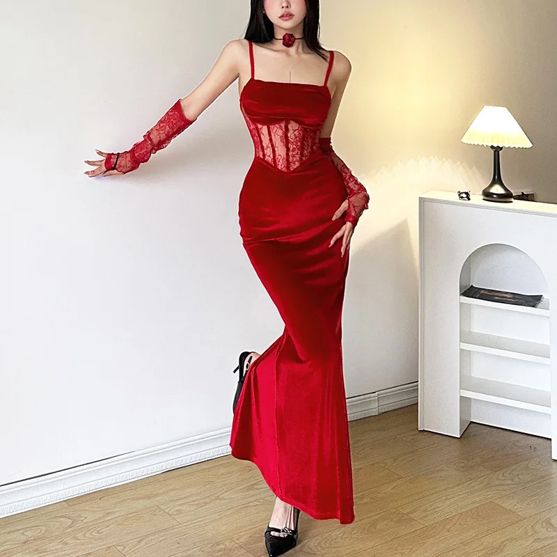 Velluto rosso sexy pizzo splicing abbraccio fianchi bretelle dimagranti gonna elegante puro desiderio abito da sera estivo lungo da ballo aperto