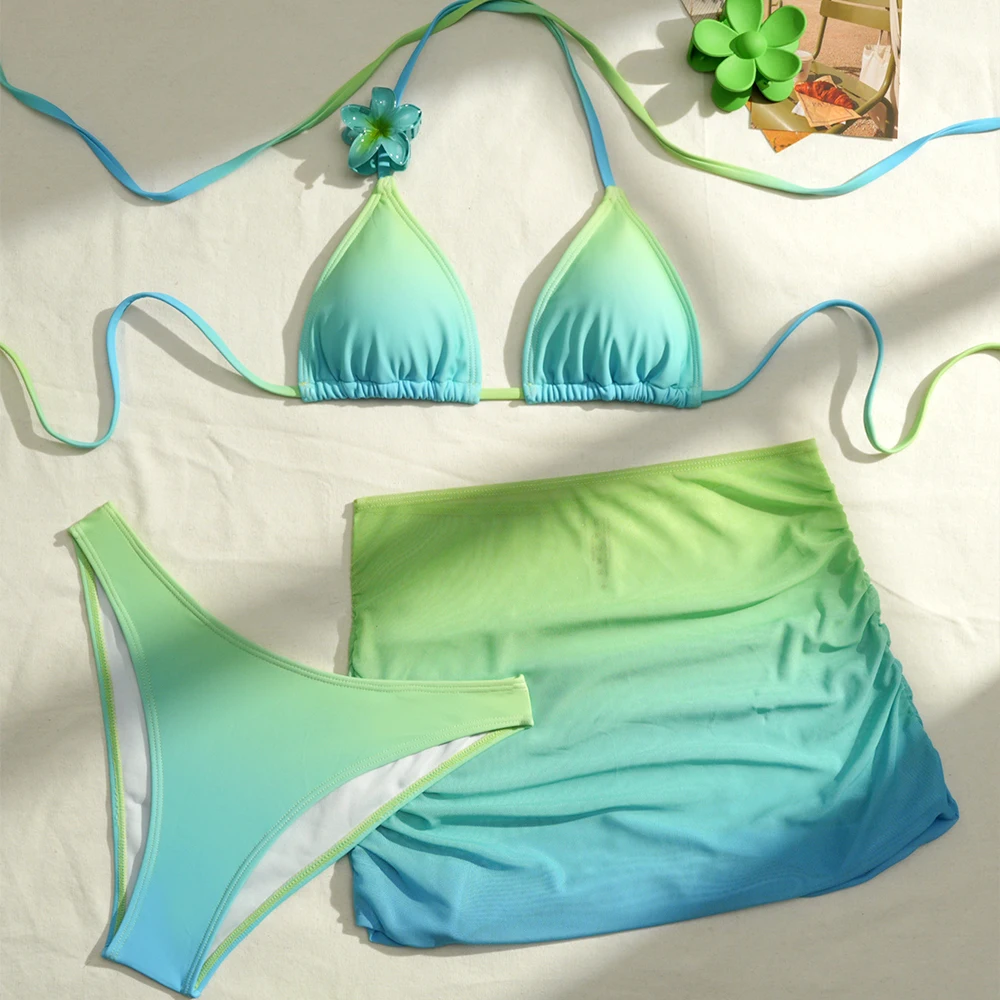 3 Piece Bikini Set Gradient Halter Triangle Top with Flower Accent High Cut Bottom & Mesh Cover Up Skirt Women's Beach Swimwear