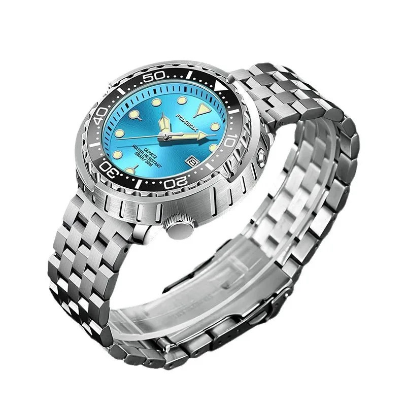 Foxbox relógio de quartzo luminoso masculino, caixa de liga de zinco, pulseira de aço inoxidável, calendário de três mãos, 30m, à prova d'água, relógio masculino de negócios