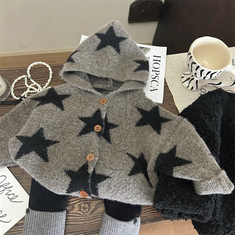 Autumn Winter Kids Girls 2PCS Clothes Set Five-pointed Star Hoodded Sweaters Spliced Fleece Leggings Suit Toddler Girls Outfit