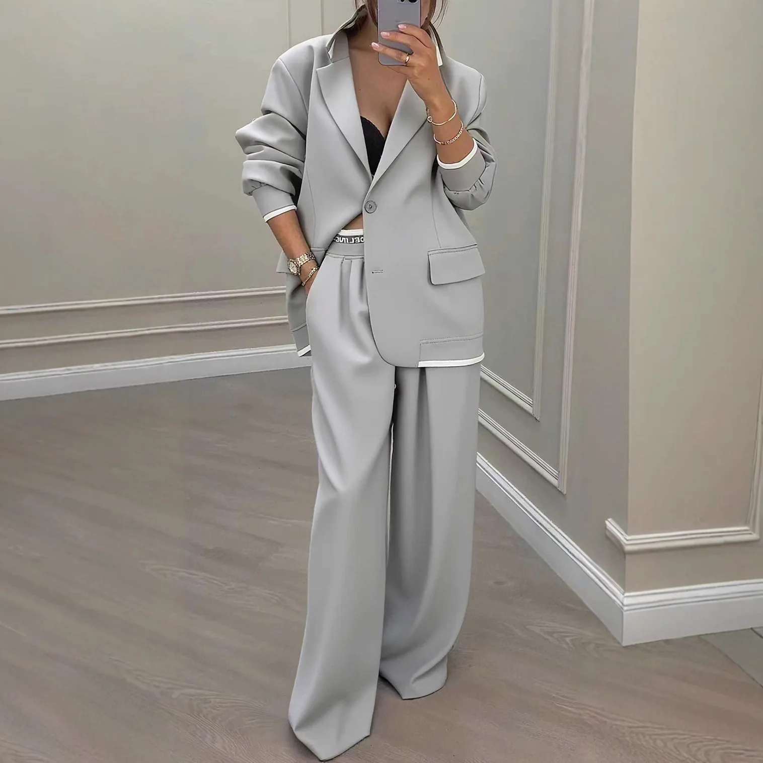 Autumn Winter Blazer Jacket Set Woman Elegant Single Button Lapel Cardigans & Wide Leg Trousers Suit Elegant Solid Office Outfit