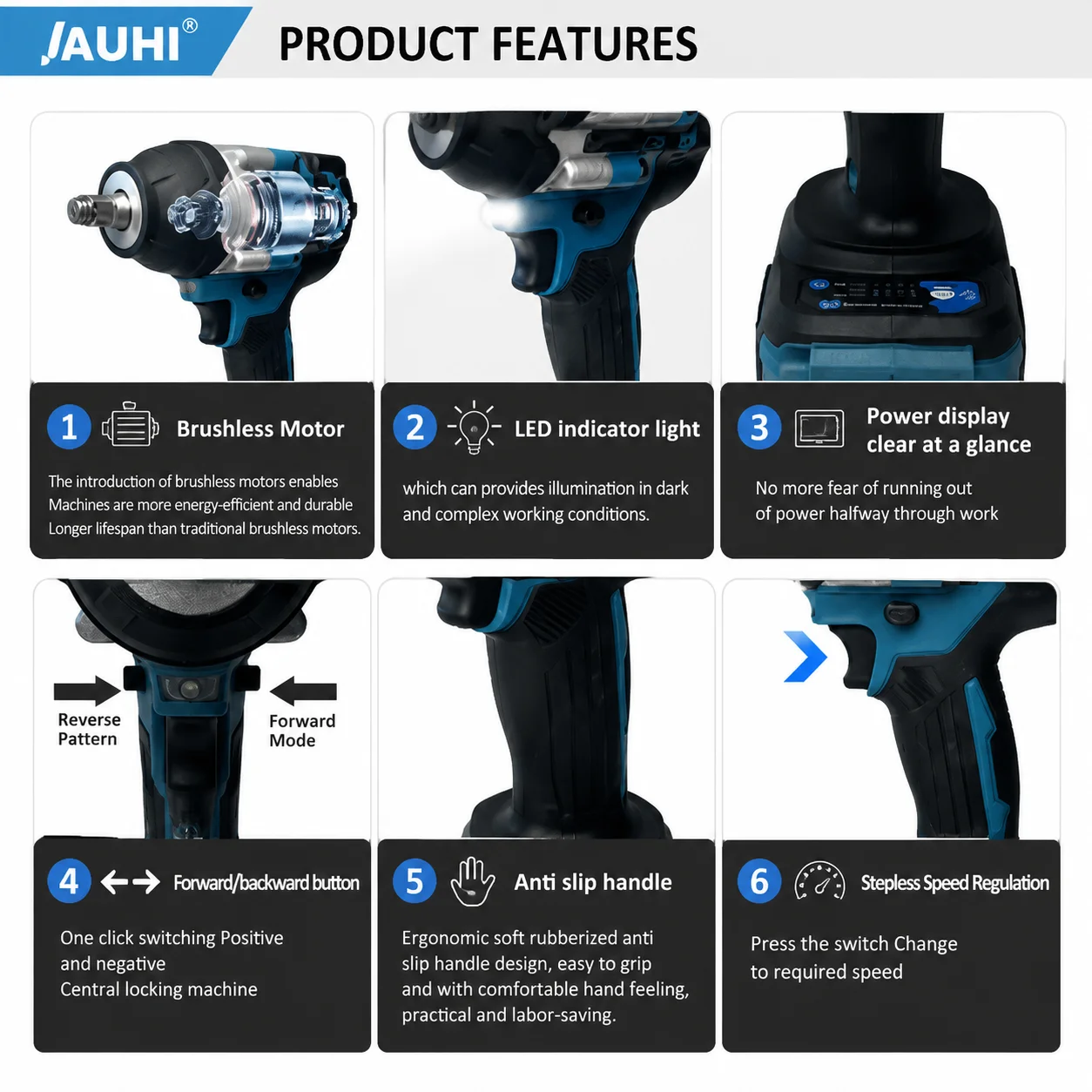 JAUHI 1800N.M Torque Brushless Electric Impact Wrench For Trucks 1/2 inch Cordless Wrench Driver Tool For Makita 18V Battery - view 4