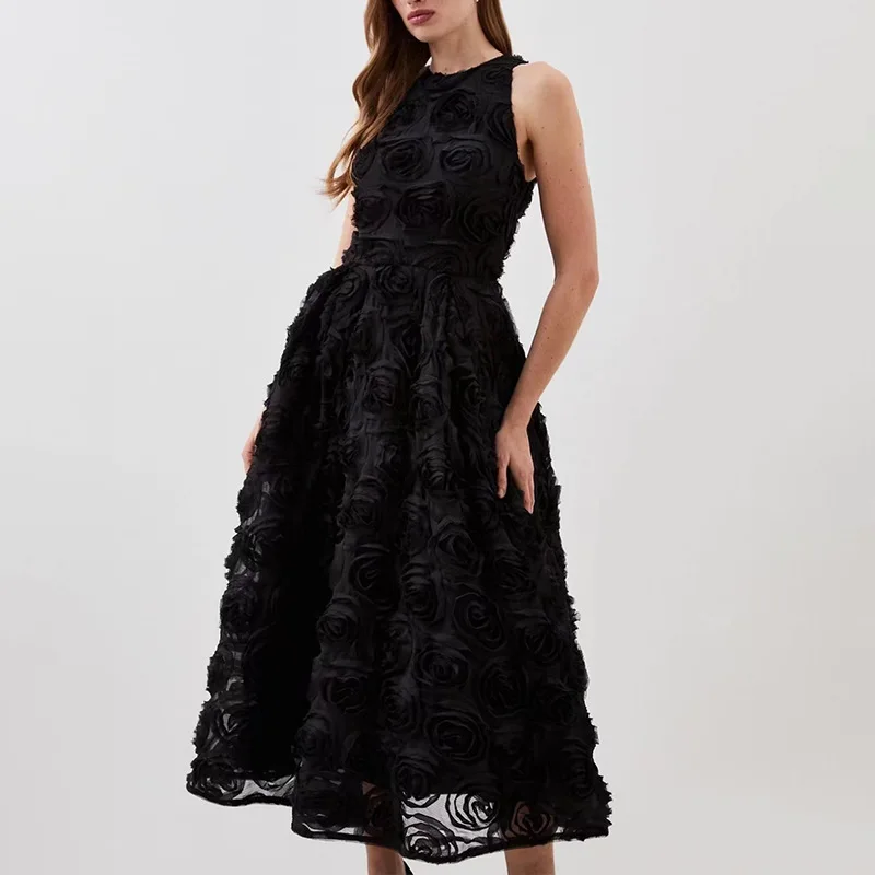 

French spring new fashion skirt sleeveless waist thin three-dimensional flower dress simple temperament elegant versatile high-e