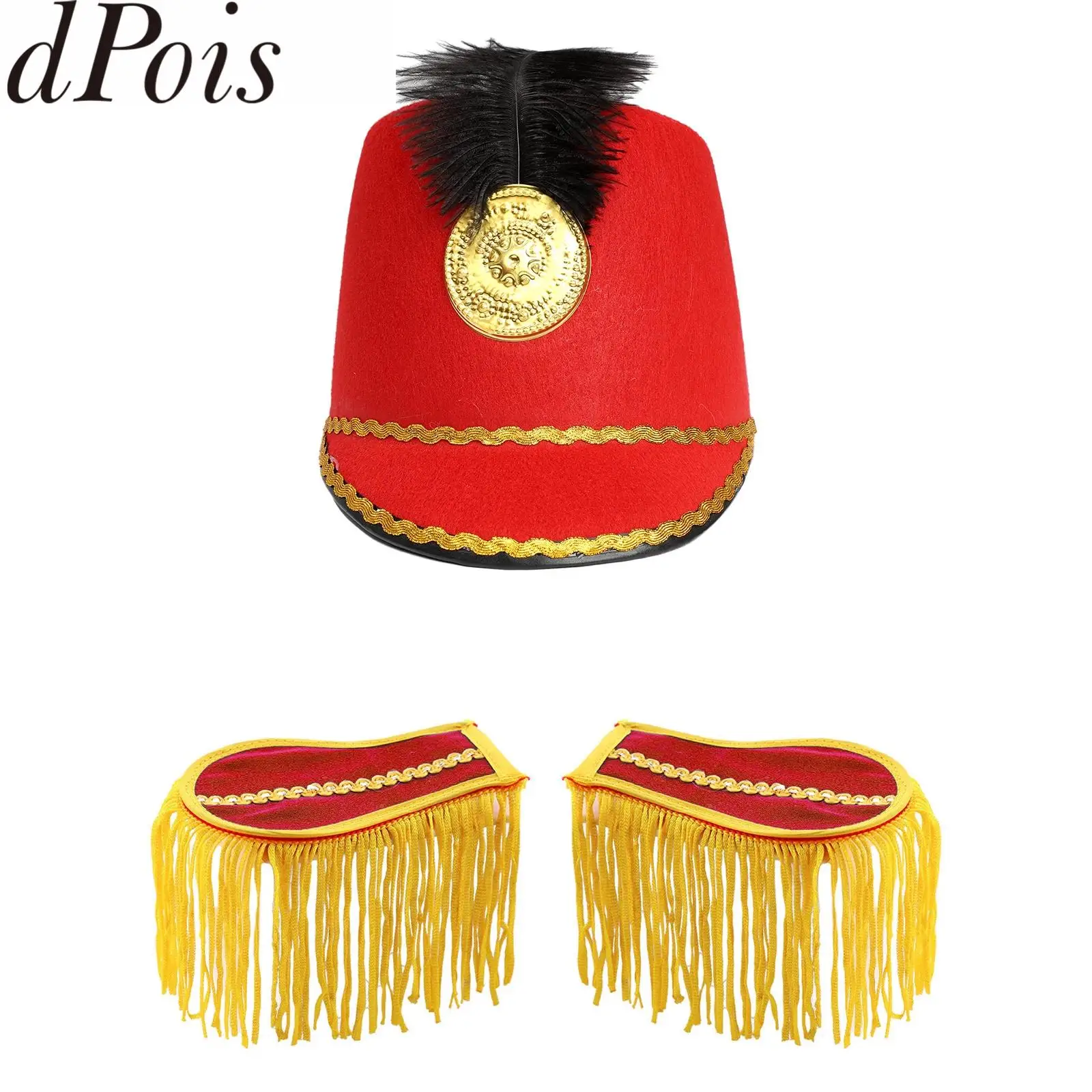 Marching Band Hat Drum Team Hats Knight Feather Cap with Tassel Shoulder Boards Fringe Epaulets Accessories for Cosplay Dress Up