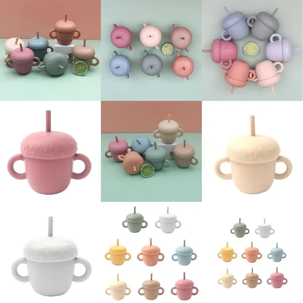 

Portable Baby Silicone Cup Infants Feeding Bowl with Double Handle No Spill Feeding Container Straw Water Bottle Sippy Cup L8RB