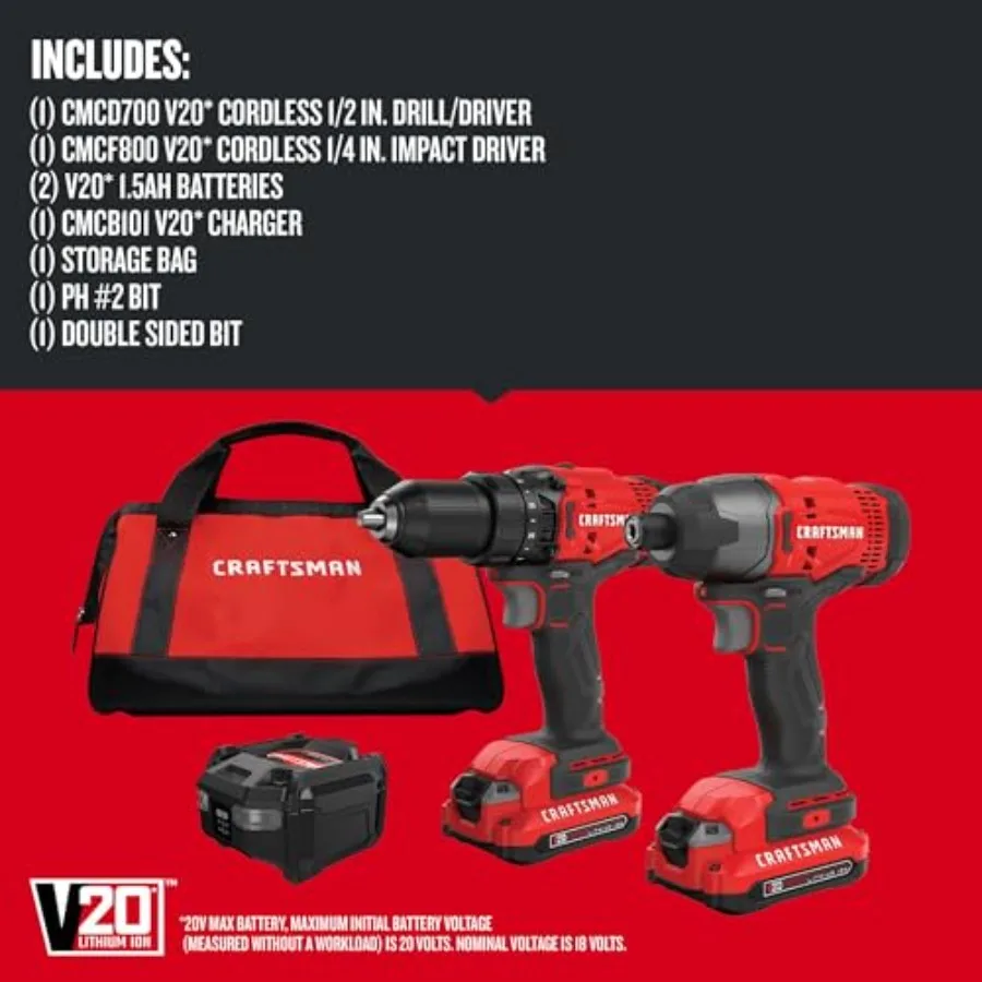 Cordless drill driver and impact driver set for DIY and construction use, lithium-ion powered, black-gray color, 20V max torque