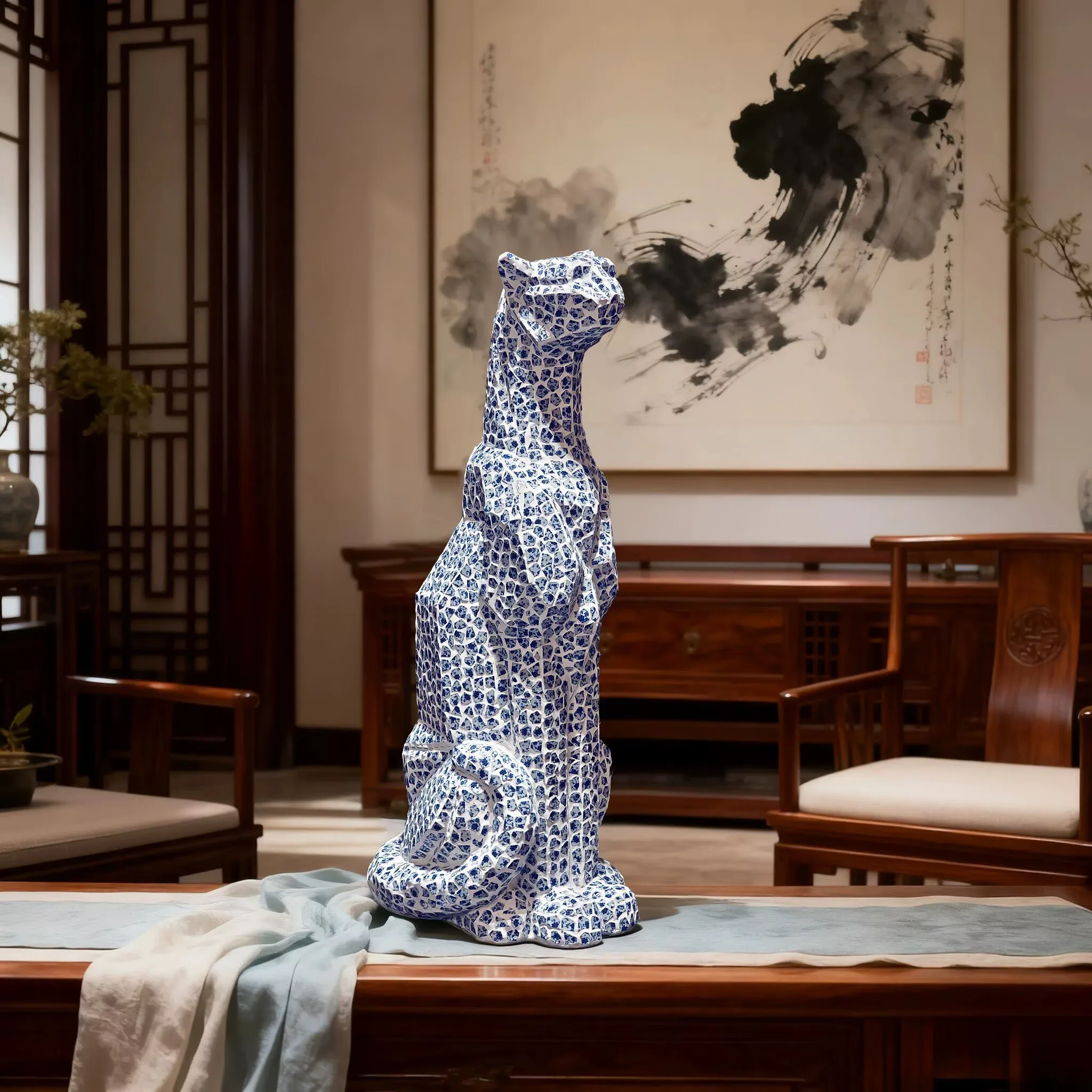 Hotel decor Leopard sculpture luxury art decoration inlaid blue  white porcelain patches leopard statue foyer floor decoration