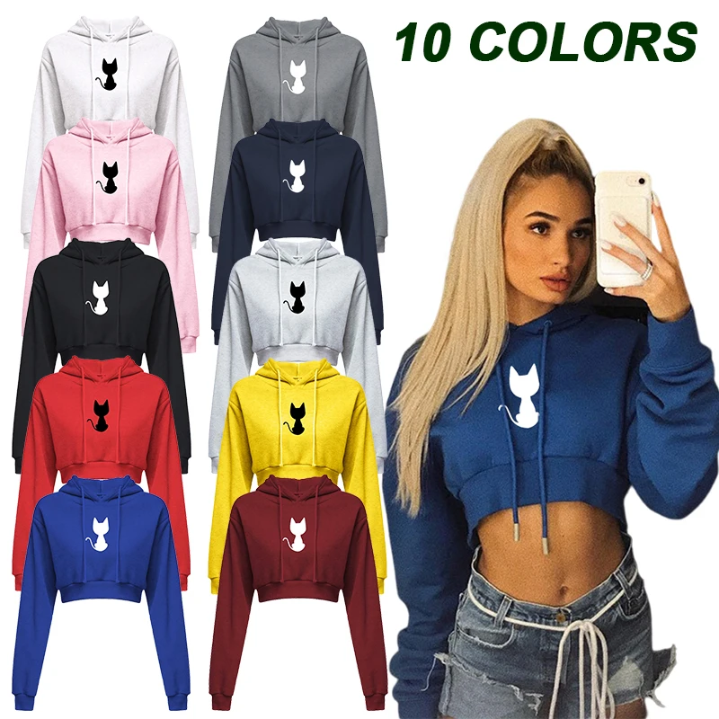 2023 Women's Sexy Cat Print Sweatshirt Long Sleeve Casual Pullover Hooded Short Sweatshirt Short Top Hoodie