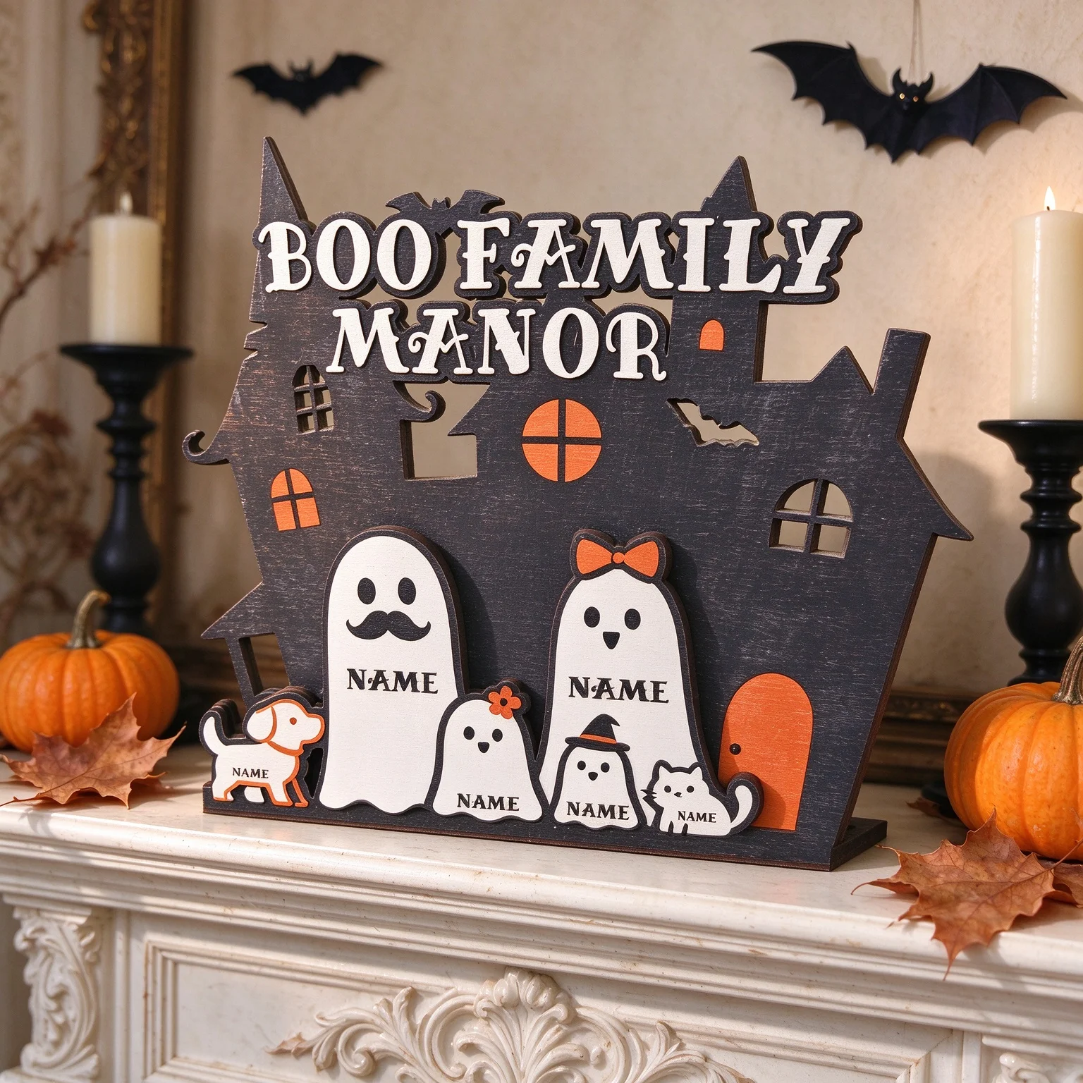 Personalized Ghost Squad Sign, Customizable Halloween Decorations with Ghost Family Names, Cute Halloween Decorations, Atmospheric Autumn Fireplace Ornaments, Ghost Family Theme. Personalized Halloween Family Wooden Ke